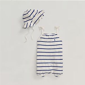 💙🤍RL🤍💙 NWT 24m Striped Terry Bubble Shortall & Hat Set. BRAND NEW!!